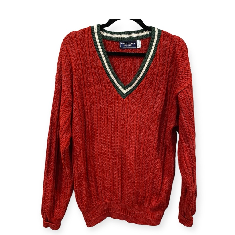 United States Sweaters Vintage Cable Knit V-Neck Christmas Colors Red Green Med